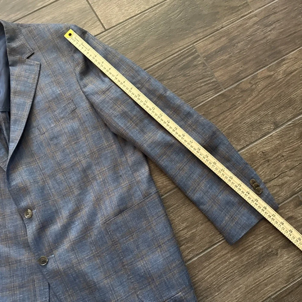Peter Millar Sport Coat 48T Loro Piana Summer Wool Silk Linen Blue Plaid Blazer